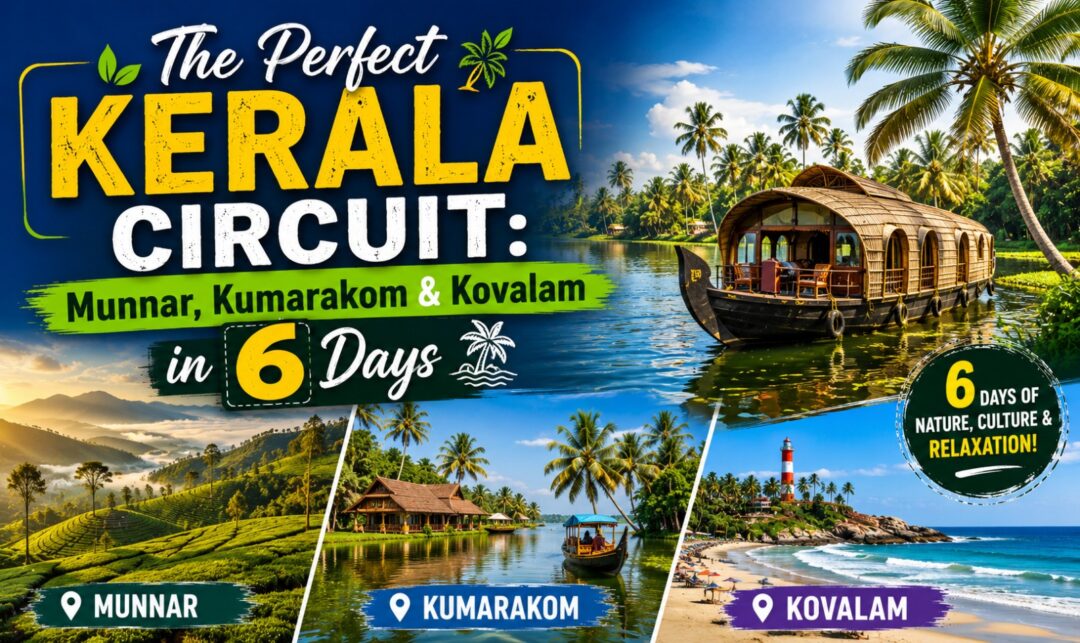 The Perfect Kerala Circuit: Munnar, Kumarakom & Kovalam in 6 Days › Forever Tourism LLC Promotional collage for The Perfect Kerala Circuit: Munnar, Kumarakom & Kovalam in 6 days with tropical scenery and boat.