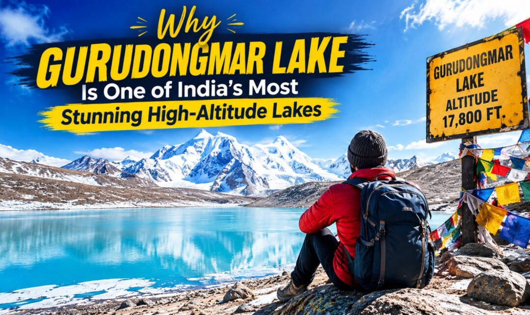 Why Gurudongmar Lake Is One of India's Most Stunning High-Altitude Lakes › Forever Tourism LLC Hiker in a red jacket with a backpack sits on rocks by Gurudongmar Lake; sign shows altitude 17,800 ft with prayer flags and snow-capped mountains in the background.