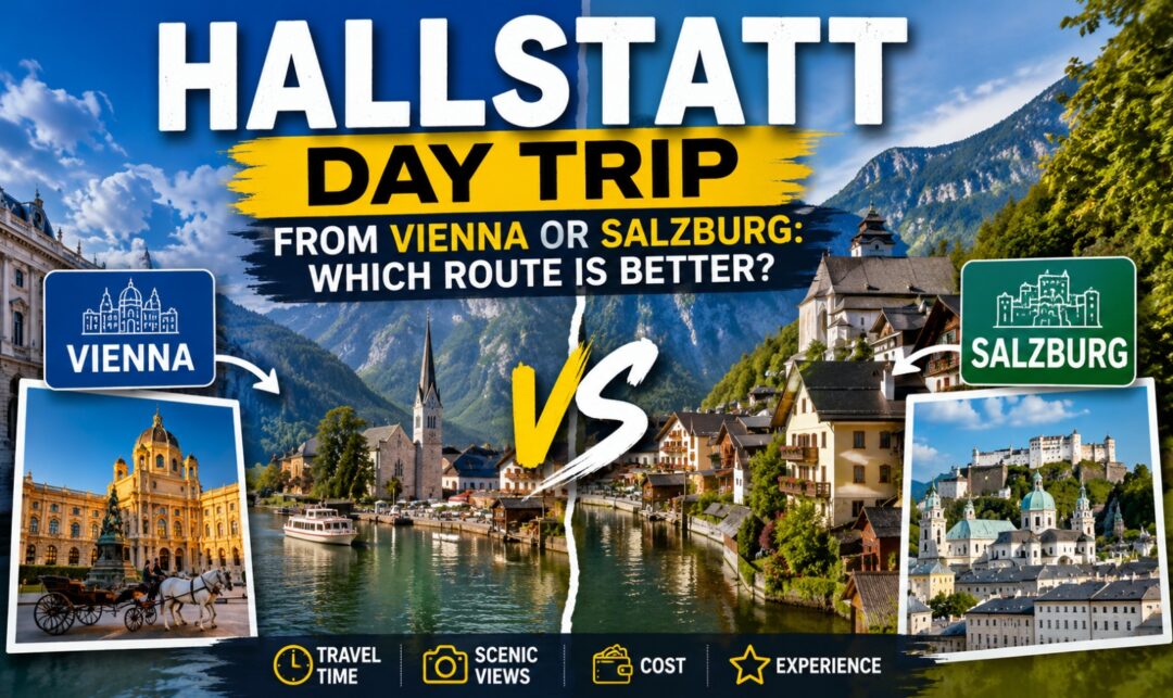 Hallstatt Day Trip from Vienna or Salzburg: Which Route Is Better? › Forever Tourism LLC Hallstatt day trip banner comparing Vienna vs Salzburg; alpine lake town in center with city photos on sides.