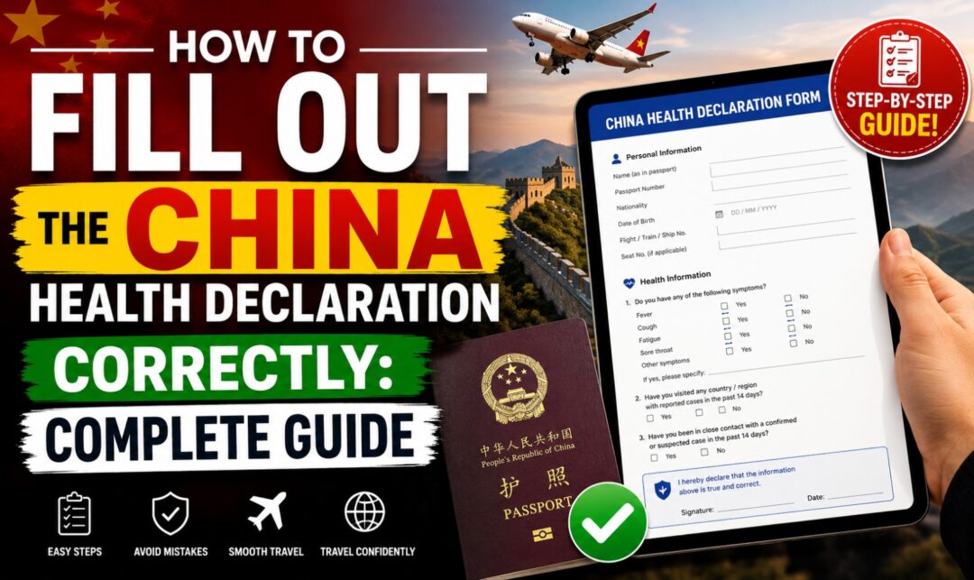 How to Fill Out the China Health Declaration Correctly: Complete Guide › Forever Tourism LLC Infographic showing a step-by-step guide to filling out the China health declaration form, with a passport and tablet displaying the form beside an airplane backdrop.