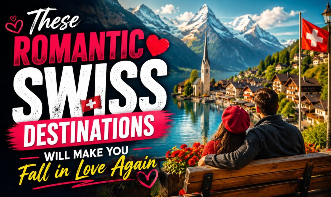 These Romantic Swiss Destinations Will Make You Fall in Love Again › Forever Tourism LLC Promotional poster for romantic Swiss destinations featuring a couple on a bench overlooking a Swiss village by a lake with mountains in the background and a Swiss flag.