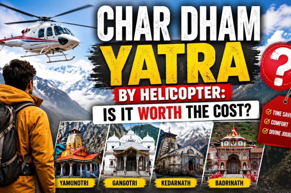 Char Dham Yatra by Helicopter: Is It Worth the Cost? › Forever Tourism LLC Thumbnail promo: A man with a backpack gazes at a helicopter against snowy mountains; large bold text reads 'CHAR DHAM YATRA' with 'BY HELICOPTER' and 'IS IT WORTH THE COST?' along a red tag list.