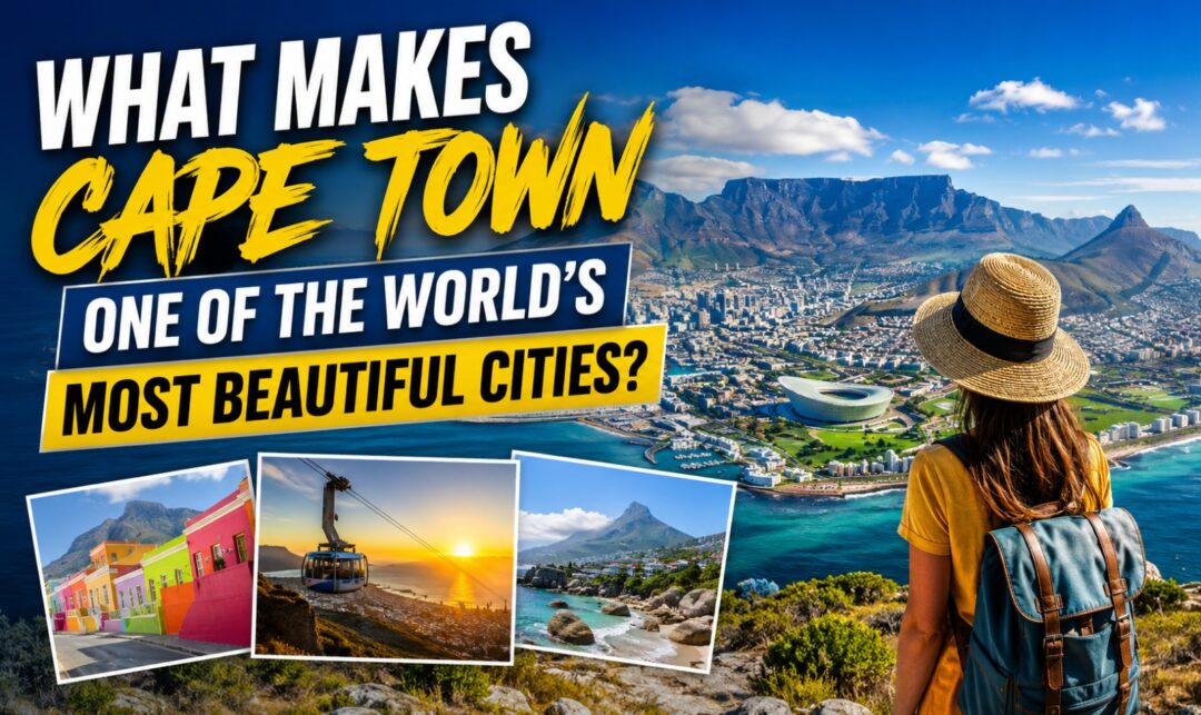 What Makes Cape Town One of the World's Most Beautiful Cities? › Forever Tourism LLC Promotional thumbnail about Cape Town: a woman with a hat and backpack overlooks the city, with bold captions calling it one of the world's most beautiful cities and a collage of colorful photos.