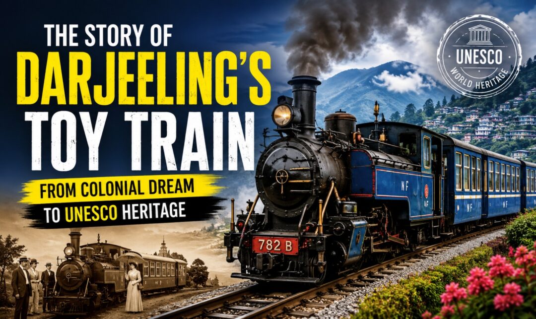 The Story of Toy Train in Darjeeling: From Colonial Dream to UNESCO Heritage › Forever Tourism LLC Poster for a documentary: Darjeeling's Toy Train—From Colonial Dream to UNESCO Heritage, showing a steam locomotive and blue passenger coach with UNESCO seal in a mountain setting on the right.