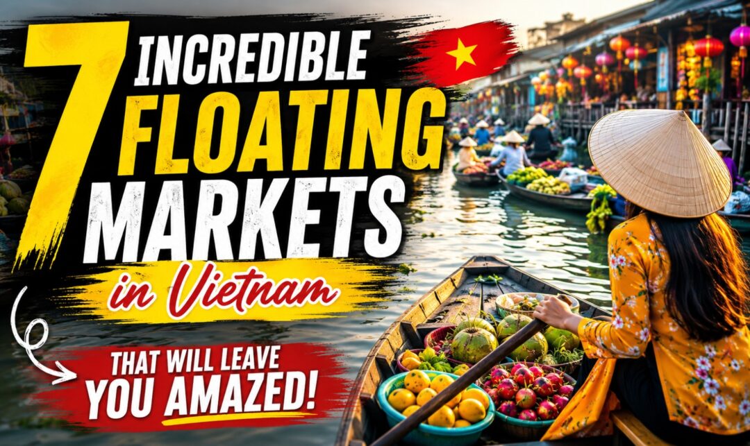 7 Incredible Floating Markets in Vietnam That Will Leave You Amazed › Forever Tourism LLC Video thumbnail promoting a tour of seven incredible floating markets in Vietnam, with a woman in a fruit-filled boat and bold text headlines on the water.