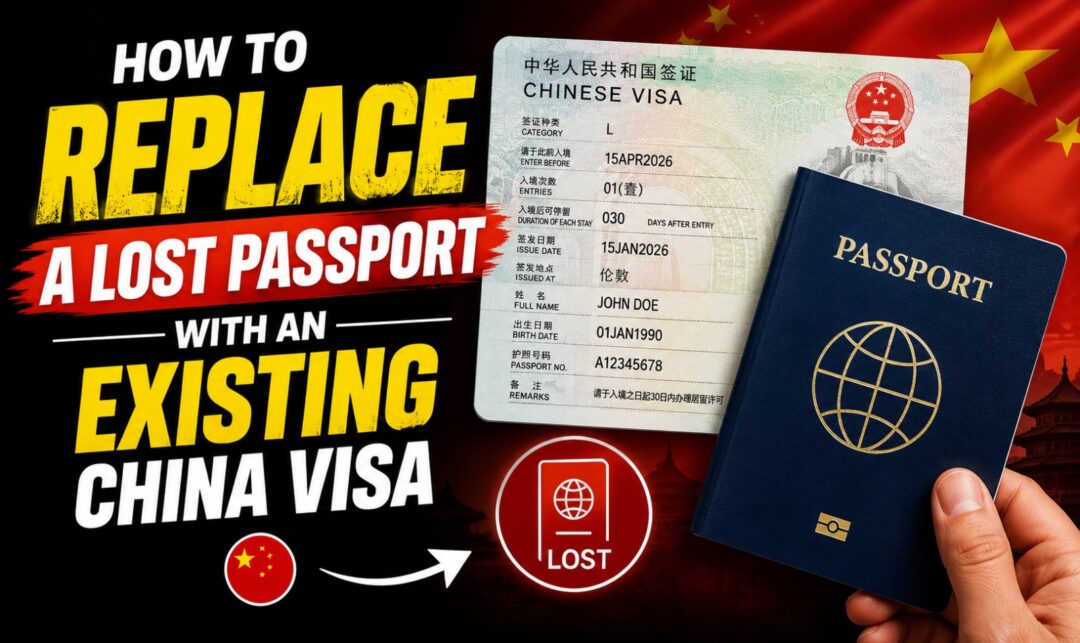 How to Replace a Lost Passport with an Existing China Visa › Forever Tourism LLC Guide thumbnail: bold text 'How to Replace a Lost Passport with an Existing China Visa' beside a Chinese visa page and a blue passport against a red background