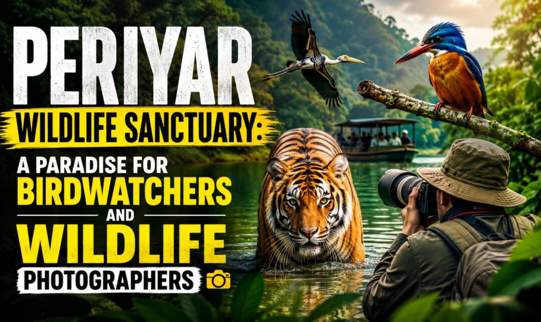 Periyar Wildlife Sanctuary: A Paradise for Birdwatchers and Wildlife Photographers › Forever Tourism LLC Text banner reads 'PERIYAR WILDLIFE SANCTUARY' with subtitle 'A PARADISE FOR BIRDWATCHERS AND WILDLIFE PHOTOGRAPHERS', over a scene of a tiger in a lake, birds on a branch, and a photographer taking photos in the foreground.