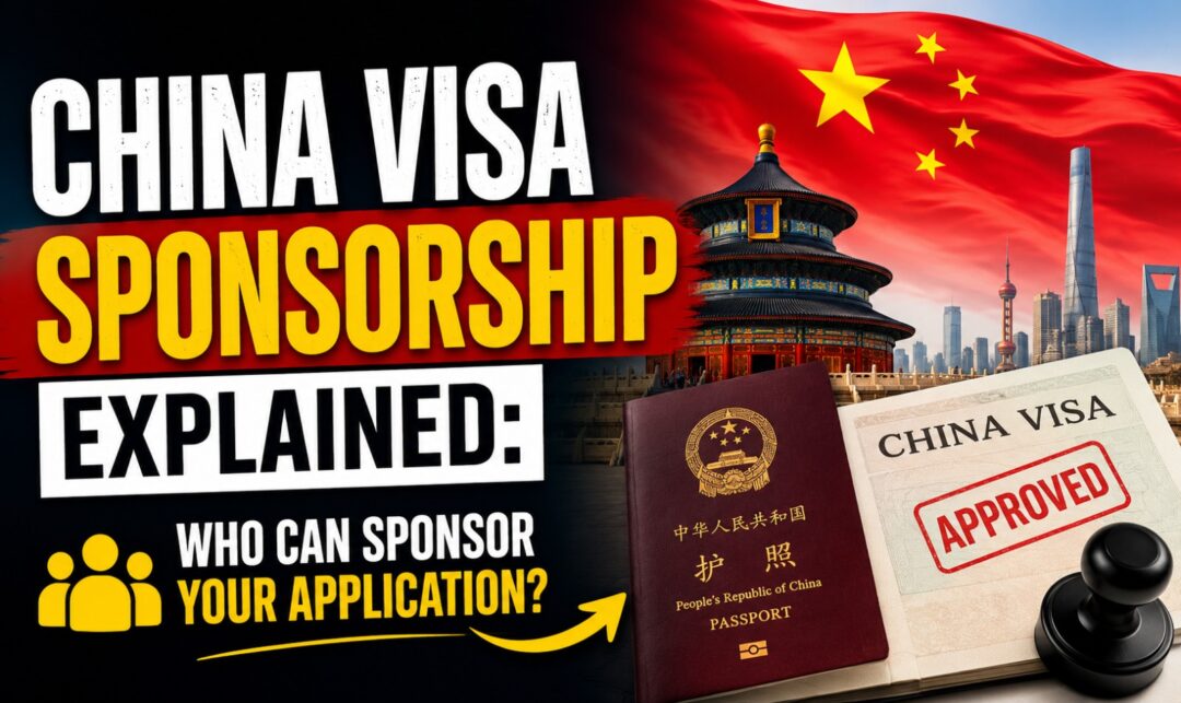 China Visa Sponsorship Explained: Who Can Sponsor Your Application? › Forever Tourism LLC Banner-style image explaining China visa sponsorship and who can sponsor your application, featuring a passport, a stamped China Visa document, gavel, and a Chinese skyline with the flag, temple, and bold text.