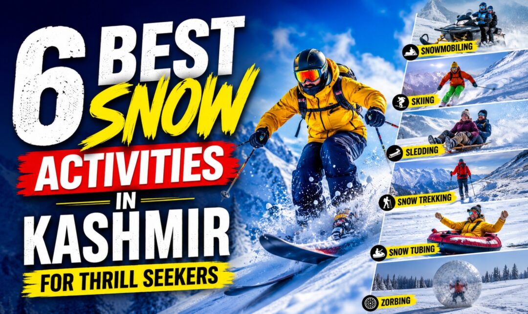 6 Best Snow Activities in Kashmir for Thrill Seekers › Forever Tourism LLC Poster advertising six snow activities in Kashmir, featuring a skier and a vertical list: snowmobiling, skiing, sledding, snow trekking, snow tubing, and zorbing.