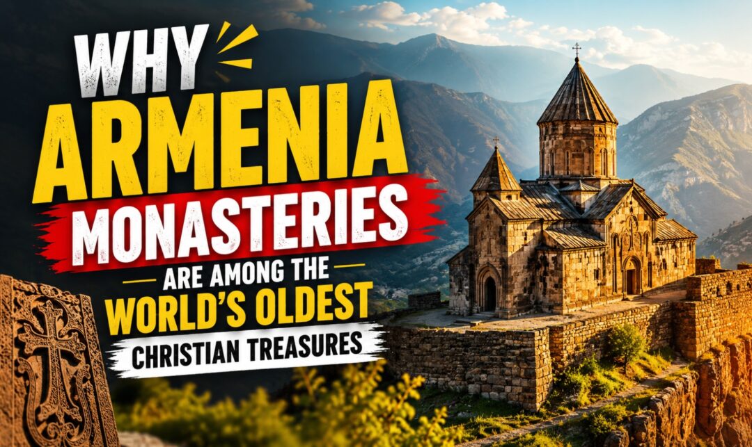 Why Armenian Monasteries Are Among the World's Oldest Christian Treasures › Forever Tourism LLC Thumbnail promoting a video about why Armenia's monasteries are among the world's oldest Christian treasures, with a hillside stone church.