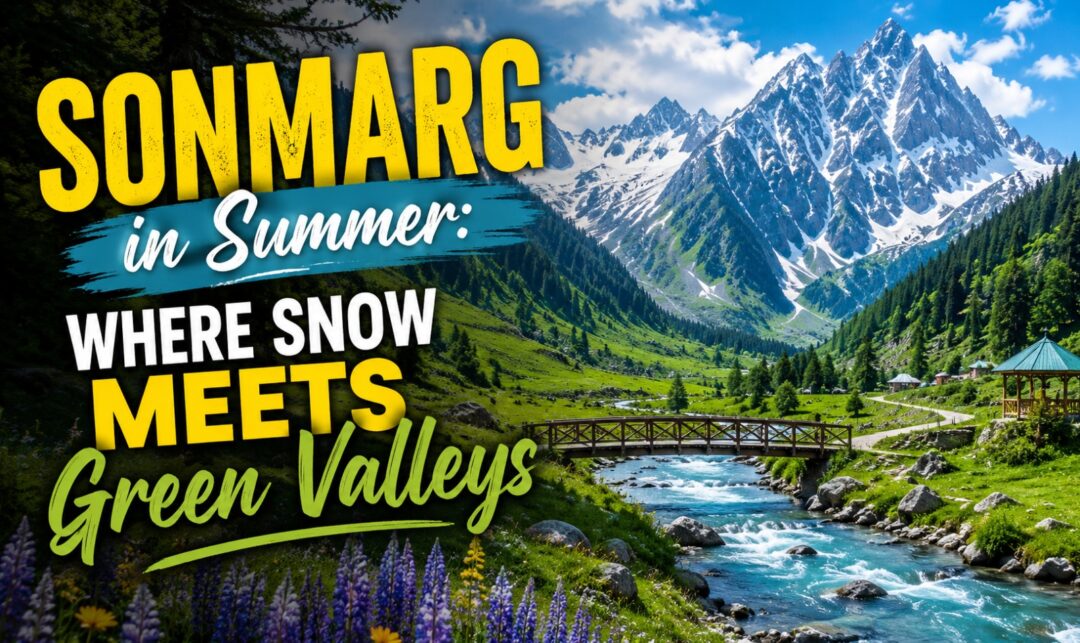 Sonmarg in Summer: Where Snow Meets Green Valleys › Forever Tourism LLC Promotional travel poster for Sonmarg in Summer: 'Where Snow Meets Green Valleys' over a mountain valley with a river and bridge in the foreground and snow-capped peaks behind it.