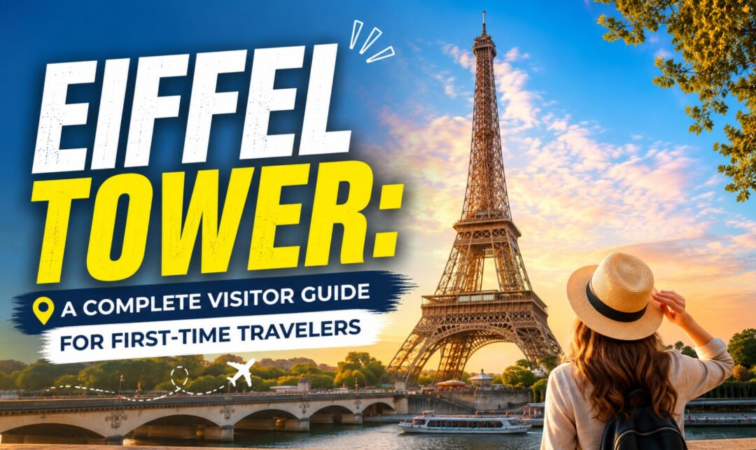 Eiffel Tower: A Complete Visitor Guide for First-Time Travelers › Forever Tourism LLC Travel guide cover: 'Eiffel Tower: A Complete Visitor Guide for First-Time Travelers' with a woman in a hat looking at the Eiffel Tower at sunset by the river.
