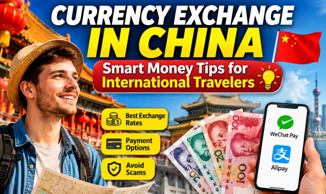 Currency Exchange in China: Smart Money Tips for International Travelers › Forever Tourism LLC Travelers sightseeing in China with bold text 'Currency Exchange in China' and tips like WeChat Pay and Alipay on a smartphone screen, money in hand, Chinese flag in background.
