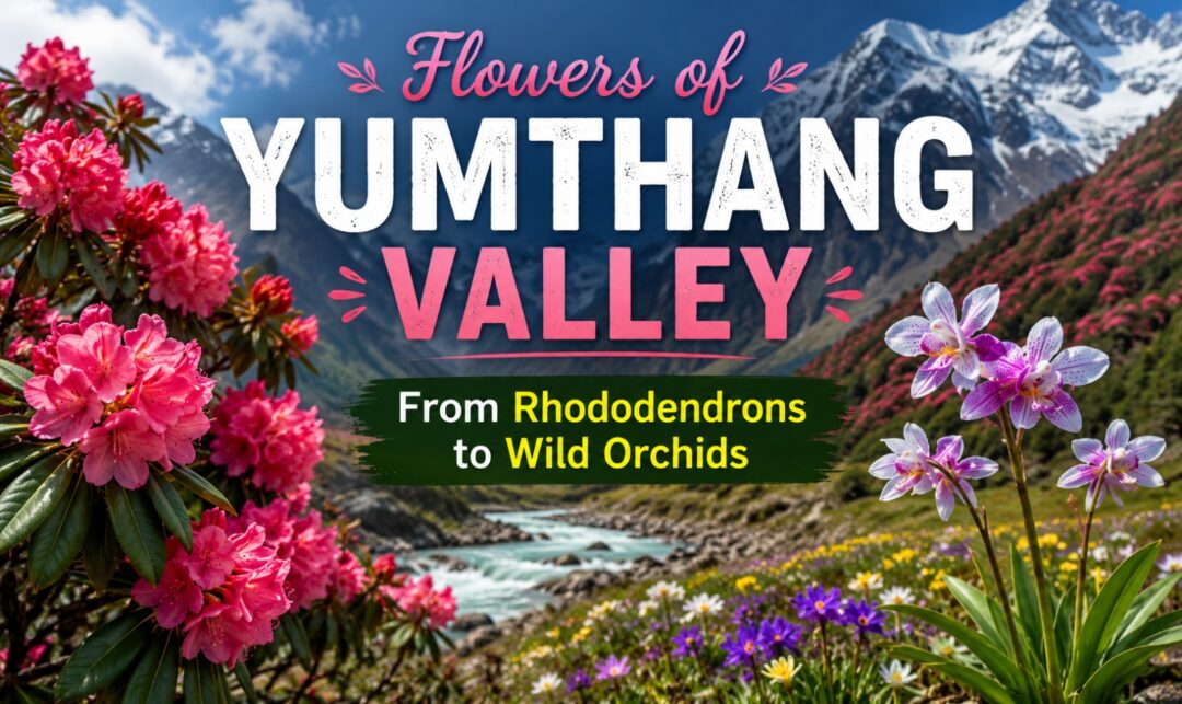 WhatsApp Image 2026-07-20 at 115624 › Forever Tourism LLC Promotional poster for Flowers of Yumthang Valley with pink rhododendrons, purple orchids, and a mountain landscape behind the title text.
