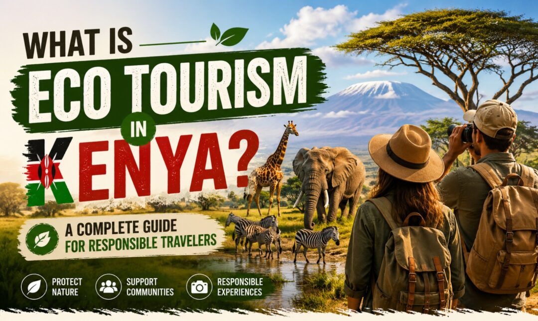 What Is Eco Tourism in Kenya? A Complete Guide for Responsible Travelers › Forever Tourism LLC Poster about eco-tourism in Kenya showing people with backpacks taking photos of wildlife in a savanna landscape with bold text 'What is Eco Tourism in Kenya?'