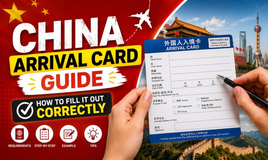 China Arrival Card Guide: How to Fill It Out Correctly › Forever Tourism LLC Graphic titled 'China Arrival Card Guide' with bold white 'CHINA' text, yellow 'ARRIVAL CARD' banner, and 'GUIDE' on a red background. A hand fills out an arrival card against a cityscape backdrop.