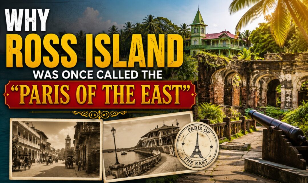 Why Ross Island Was Once Called the "Paris of the East" › Forever Tourism LLC Thumbnail collage advertising Ross Island, once called the Paris of the East, with bold yellow and red titles and vintage photos of street scenes and arches