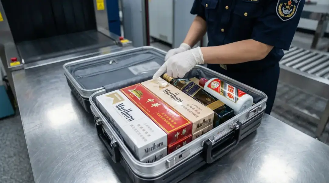 Customs officer wearing gloves handling a metal case filled with Marlboro cigarette packs and a bottle of alcohol.