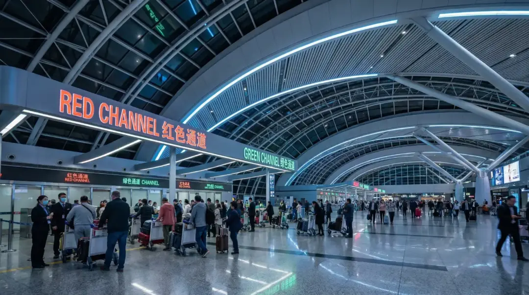 Busy airport terminal with red and green channel check-in counters and passengers with luggage.
