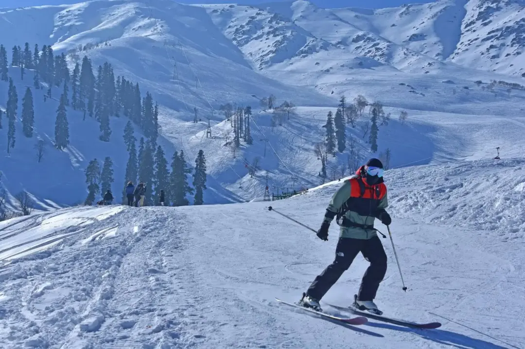 Skier in an orange-and-gray jacket descends a snowy slope with pine trees and distant mountains behind him.