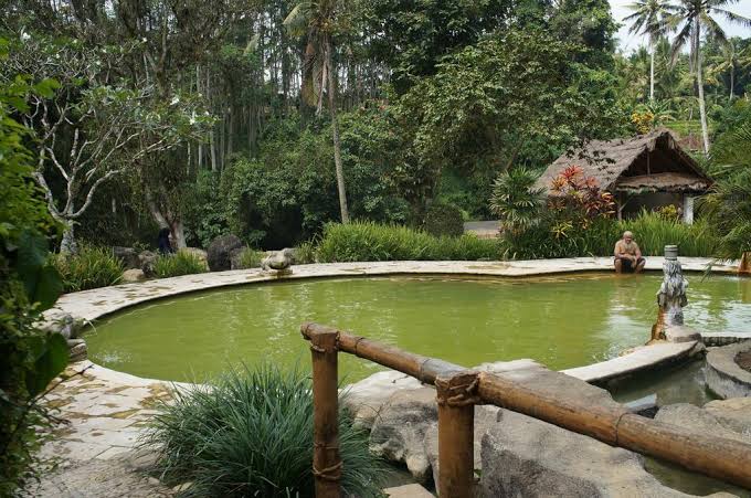A tropical garden with a circular green pool, wooden railing, and a thatched hut in the background; a person sits by the pool edge.