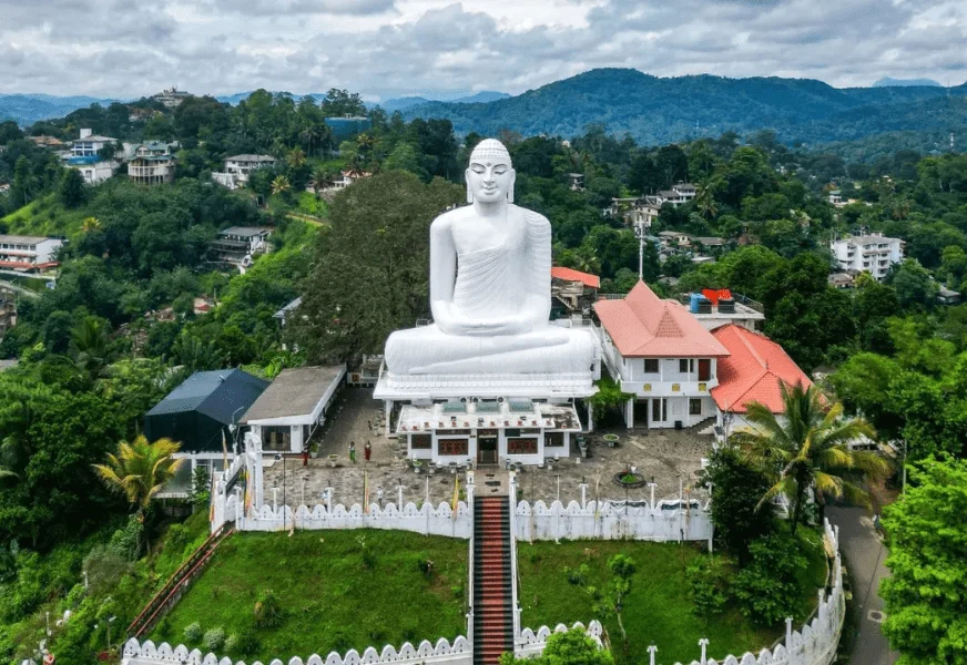 Large white seated Buddha statue atop a hill, overlooking a lush village and distant mountains.
